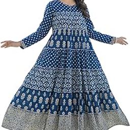 Indigo Ethnic Motif Printed Cotton Long Dress with Sequins & Thread Work-image-1