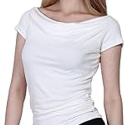 Softline Multi Styled Bare Shoulder Ruched Premium Butter Soft Short Sleeve Feather Touch Microfiber Cuddle TEE TOP for Women-image-4