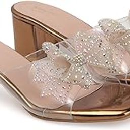 Women's Transparent Block Heels with Designer Glitter Bow – Party Wedding Slip-On Sandals-image-41