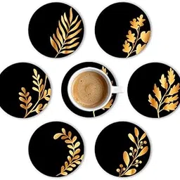 Brizberry® Premium Round Black Leaf Beautiful Wooden Coasters, Diwali Gift, Fit for Tea Cups, Coffee Mugs and Glasses 4 8 12 (3.5X3.5 Inch) (Design 12 (Set of 6))-82