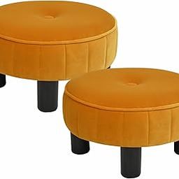 WellHouze Round Ottoman Footstool Padded Small Seat with Mango Wood Legs Footrest Seating Stool Set of 2 Office Shoe Changing Stool Extra Seat for Living Room Bedroom Office Mustard-7