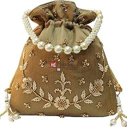 Pearl & Zardosi Potli Bag Hand Embroidery Drawstring Potli Women's Handbag Purse With Pearl Handle & Tassel Purse-image-82