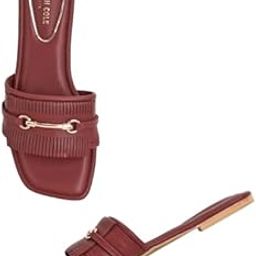Women's Flat Slide Sandal | Premium Synthetic Upper | Ladies Open-Toe Slip-On, Cushioned Footbed | Distinctively Sculpted Vamp Strap, Gleaming Metallic Accent | Sophisticated, Effortless Contemporary Chic & Lasting Comfort-picture-18