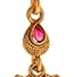 Traditional South Indian Kemp Stone Maangtika for Women & Girls | Antique Gold-Plated Temple Style Maang Tikka with Lakshmi Motif, Pearl Drop & Red-Green Stones-image-29