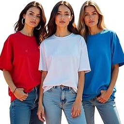 Cotton Blend Drop Shoulder Oversized Baggy Fit Half Sleeve Plain Solid Round Neck Multicolor T-Shirt Combo for Women & Girls (Pack of 3)-image-32