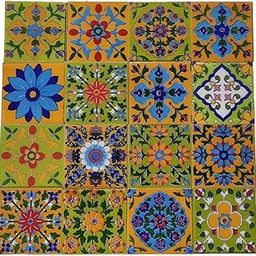 Shiv Kripa Blue Pottery Home Decorative Ceramic Wall Hanging Tile Design Flooring Tiles Floral Kitchen Washroom Mosaic Furniture Tile Handmade Backsplash 3 x 3 Inches (Pack of 16, Multicolor)-image-33