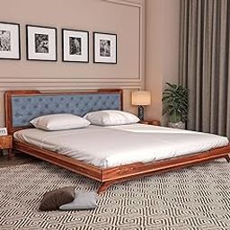 SABTA Craft Sheesham Wood King Size Bed for Bedroom | Wooden Double Bed Cot Bed with Dark Grey Upholstered Cushioned Headboard for Bedroom & Hotel Furniture | Honey Finish-image-27