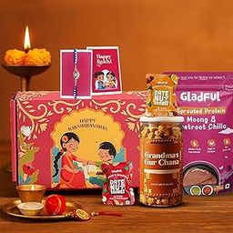 Gladful Traditions with a Twist Rakhi Gift Box | 7 Products: Beetroot Chilla, Dry Fruit Burfi (Chocolate Cranberry & Chocolate Orange), Gur Chana, Rakhi, Card & Roli Chawal | Healthy Rakhi Gift for Brother-image-103