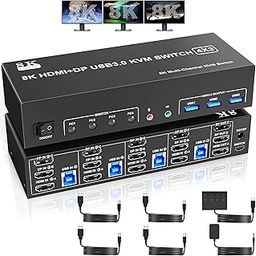 8K@60Hz USB3.0 KVM Switch 3Monitors 4Computers 4K@144Hz, 2 DisplayPort +1 HDMI Triple Monitor KVM Switch for 4PC with Audio and 3USB 3.0, 2 DP1.4 +HDMI2.1 Triple Monitor Keyboard Mouse Switcher-18