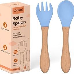tütots Baby Spoon and Fork Set, Soft Silicone, Wooden Handle, BPA Free, Pack of 2 (Blue)-image-1