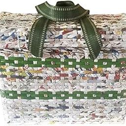 Sonas Creation Paperus, Large, Lunch Bag with Lid, Picnic Basket with Cover, Tiffin Basket for office, Eco-friendly, Handmade, of Paper Ropes, Ht. 11, Lth. 14, Base 7 inch (Natural with Green Stripes)-image-81