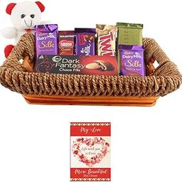 SFU E Com Wood Basket Loaded With Creamy Chocolates | Valentine Chocolate With Love Greeting Card | Valentine Chocolate Hamper | 491-19