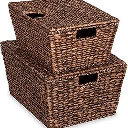 Best Choice Products Set of 2 Water Hyacinth Woven Tapered Storage Basket Chests w/Attached Lid, Handle Hole - Brown-14