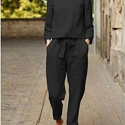 Long Sleeve Pant Suit, Waist Drawstring Women 2 Piece Outfits Loose Fitting Breathable-image-86