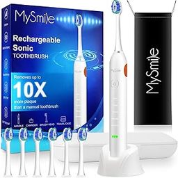 MySmile Electric Toothbrush for Adults, Rechargeable Sonic Electronic Toothbrush with 6 Brush Heads and Travel Case, 2 Mins 5 Modes Smart Timer, 48000VPM 10X Powerful Than Manual Toothbrush (White)-22