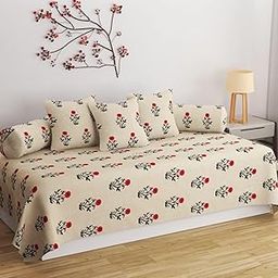 STEDO Homes Pure Cotton Designer Printed Standard 6 Pieces Diwan Set Bedsheet Covers (1 Single Bedsheet, 2 Bolster Covers, 3 Cushion Covers, Floral Cream)-image-10