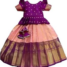 Girls Pattu Pavadai Silk Frock, Purple and Pink with Gold Border, Wear-image-89
