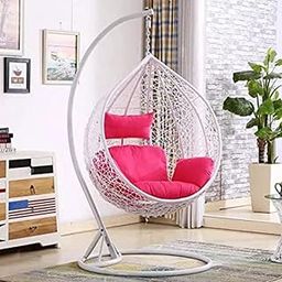 FLOOR DECOR Rattan and Wicker Single Seater Hanging White Swing Chair & Stand with Pink Cushion Chair (Swing-White, Cushion-Pink)-image-22