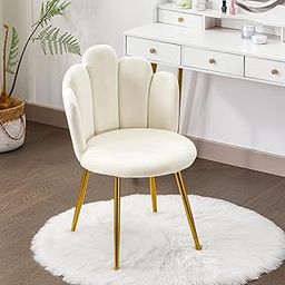 BOWTHY Mid-Century Modern Cream Velvet Vanity Chair - Makeup Room Accent Chair with Back Support, Gold Legs-image-33