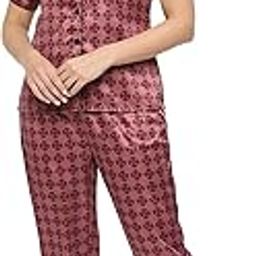 Women's Silk Satin Rose Gold Color Geometric Floral Print Night Suit.-image-60
