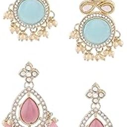 Set Of 2 Turquoise Blue & Pink Kundan & Austrian DiamondsTraditional Jhumki Earring For Women-ZPFK16865-51