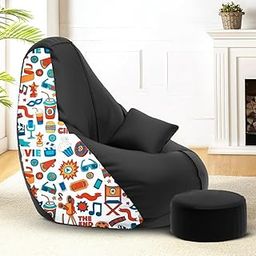 Amazon Brand - Solimo Premium Faux Leather Bean Bag Combo with Footrest & Cushion, Filled with Beans | Capacity: Upto 6 Ft 3 in Height, 120 KG Weight | 3XL | Movie Time | Black-image-81