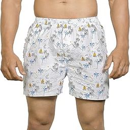 Men's Cotton Boxer Shorts Tropical Coconut Tree & Boat Print White Breathable Mid-Length Fit M to XXL (Z=NC 1)-50