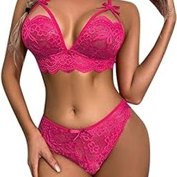 Women Fashion Flowers Lace Bow Wire Free Lingerie Two Piece Bikini Sets || Strappy Heart Shaped Bra and Panty-image-11