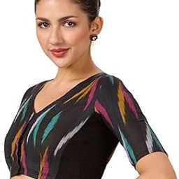 Women's Black with Multicolour Cotton Ikat Stretchable (Smocked) Saree Blouse-image-66