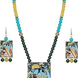 Jewellery for Less Beautiful Warli Painting Faces Pendant with Multicolor Beaded Handcraft Necklace and Dangler Earrings for Women and Girls.-image-71