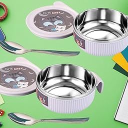 Nabhya Linex 2pc Multipurpose Air Tight Baby Feeding Bowl Inner Steel & Outer Plastic, BPA Free, Bowl with Steel Spoon | Food Remains Warm | Suitable from 6 Months 380ml (Pack of 2) (Grey)-1