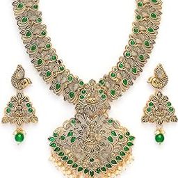 Traditional Gold Plated Green Stone Laxmi Mata Temple Jewellery Set for Women-image-39