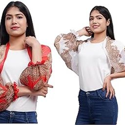 Women's Summer Casual Printed Georgette(Full Sleeves) Shrug_Free Size(White and Red,Pack of 02)-image-41