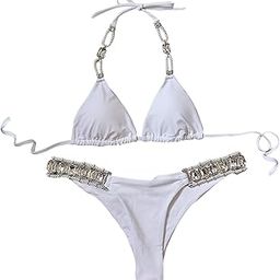 Women Rhinestone Swimsuit Bra Set Bathing Suit Swimwear White S | Swimwear|1 Set Set-picture-11