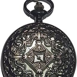 Unisex Antique Black Vintage Style Round Dial Quartz Locket Pocket Analog Watch Vintage Style Pocket Watch with Ornate Filigree Design, Black Metal Chain, Antique Look-12