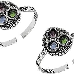 Pure Silver (Chandi) Oxidised Round Designer Zircon Toe Rings/Bichiya For Women ~ Pack in 2 Pieces Set-image-71