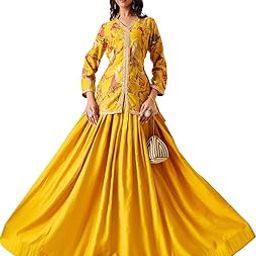 madhuram textiles Women'S Vatican Print Top Skirt Set for Women V-Neck Embroidered Ethnic Wear Dress(M-2549 Pink And yellow)-picture-4