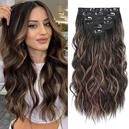 Glorious Hub 6 Pieces Imported Synthetic Clip In Hair Extensions for Women and Girls 13 Clips based Volumizer for Instant Hair Length and Volume (Brown with Golden Highlights 4#27 Cury/Wavy)-image-38