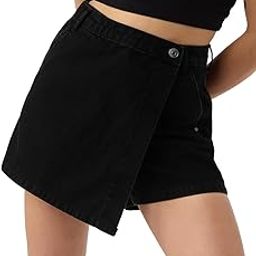 Denim Skorts: Carbon Black Women and Girls Button Closure Solid Cotton Mini Denim Skorts-image-43
