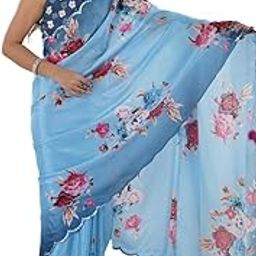 Women's Smooth Chinnon Digital Printed Saree With Paper Mirror Outing Border Work & Unstitched Matching Blouse Piece-picture-0