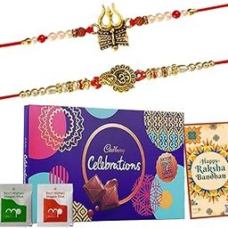 Maalpani Rakhi and Chocolate Hamper – Designer Diamond Rakhi Set of 2 with Cadbury Celebration Chocolates | Raksha Bandhan Gift for Brother with Roli Tika-image-1