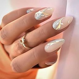 Secret Lives Matte Reusable Artificial Nude Color with Silverish Glitter & White Wall Design Press on nails 24 Pieces Set with Kit-12