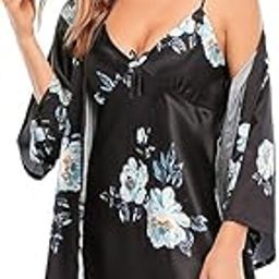 Women's Floral Print Satin Short Nighty with Robe Set, Black with Flowers Print-image-9