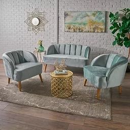 Sky Rise Decor 3-Piece Velvet Living Room Set, Channel Tufted Sofa and Chairs, Purple with Wooden Legs (Light Blue)-image-22