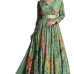 Women's Green Chinon Stitched Top With Chinon Dupatta Full Sleeve Embroidered Anarkali Gown (ME-1190)-image-17
