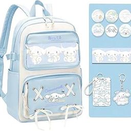 Kawaii School Backpack Cinnamoroll Backpack for Girls Book Bag DIY Casual Backpack with Clear Zipper Pouch, Includes Cinnamoroll Badges, Post Card, Card Holder, Keychain Charm-1