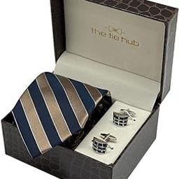 Navy Blue & Bronze Silk Necktie with Grid Cufflinks Combo for Men – Stripe Design-6