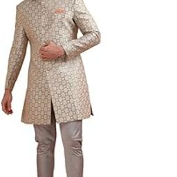 Men Grey Jacquard Indowestern Sherwani Churidar Set with Geometric-picture-21
