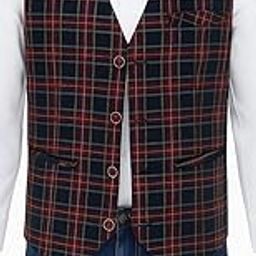 Waistcoat, Classic Tartan Pattern, Navy and Red Check, 4-Button Front-image-43