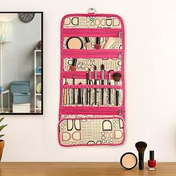Kuber Industries Rexine Hanging Makeup Kit with Snap Button | Foldable & Stylish Toiletry Kit | Multipurpose Travel Toiletry Bag for Men and Women | D Print - Pink-image-69